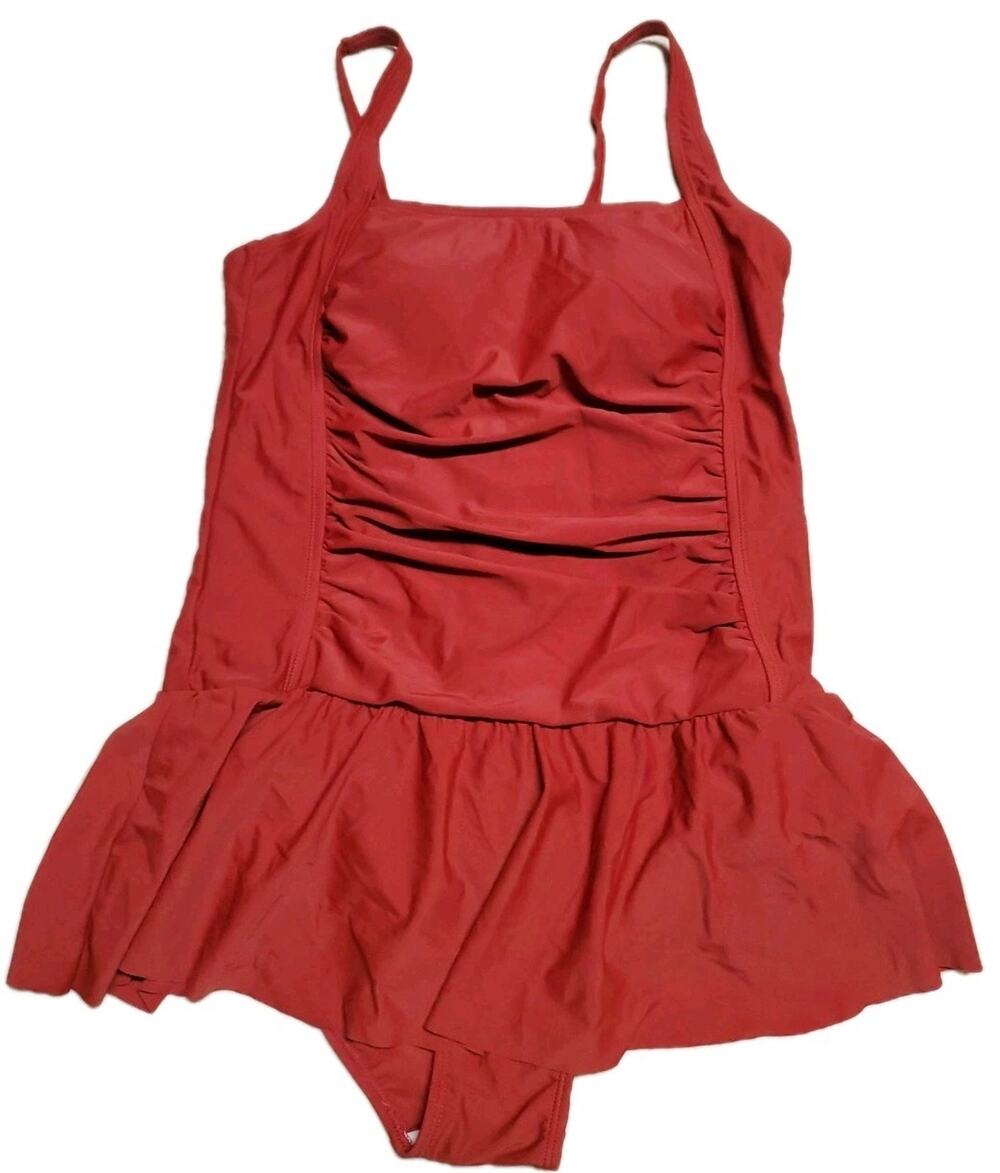 Women’s Maroon One Piece Swim Dress Size Large Modest Skirted Swimsuit L
